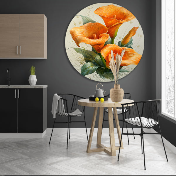 Oranje calla lelies met elegante groene bladeren forex muurcirkel