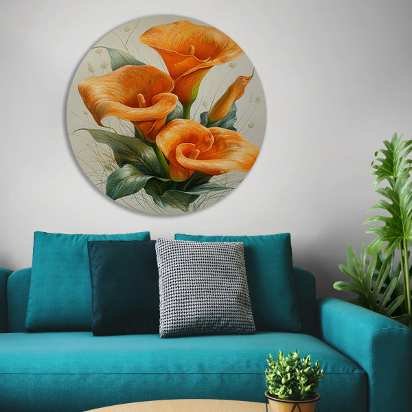 Oranje calla lelies met elegante groene bladeren forex muurcirkel
