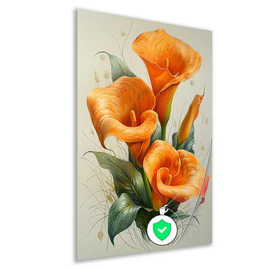 Oranje calla lelies met elegante groene bladeren poster