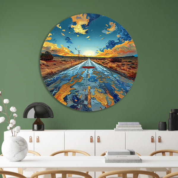 Digitale Kunst van een Weg in de Zonsondergang aluminium muurcirkel