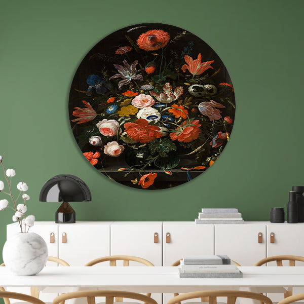 Bloemen in een glazen vaas - Abraham Mignon aluminium muurcirkel