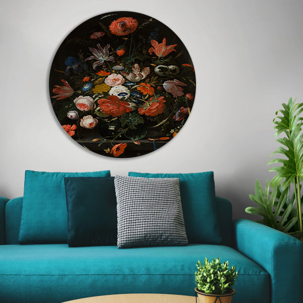 Bloemen in een glazen vaas - Abraham Mignon aluminium muurcirkel
