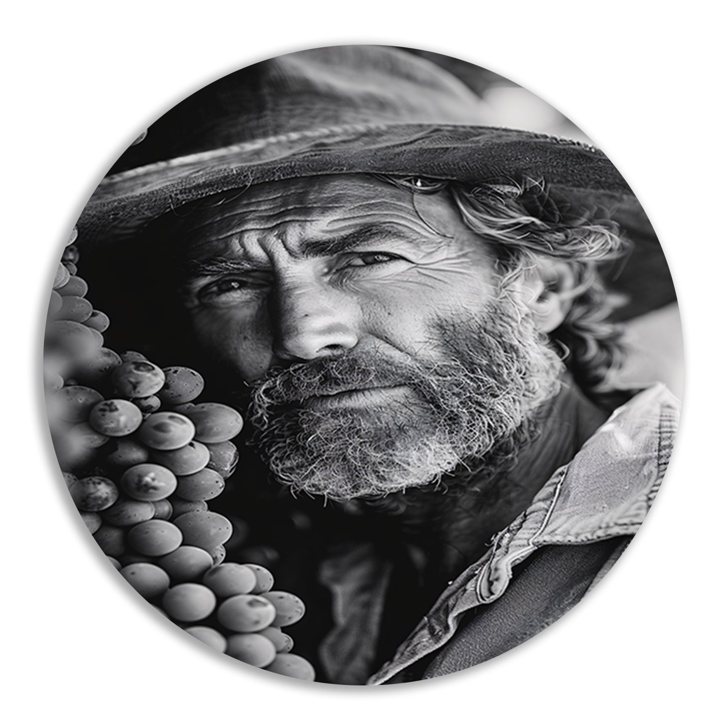 Portret van een wijngaardenier met druiven aluminium muurcirkel