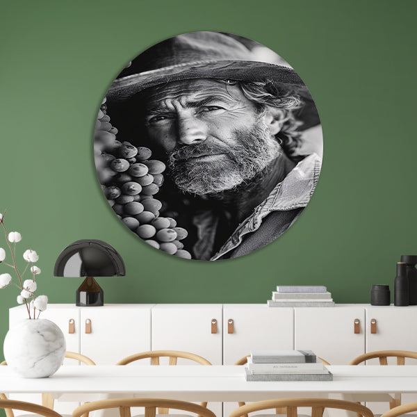 Portret van een wijngaardenier met druiven aluminium muurcirkel