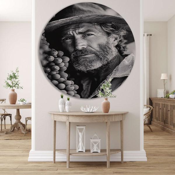 Portret van een wijngaardenier met druiven aluminium muurcirkel
