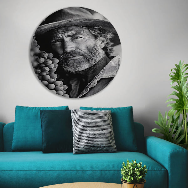 Portret van een wijngaardenier met druiven aluminium muurcirkel