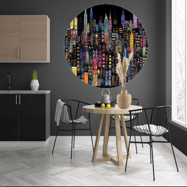 Kleurrijke Stad bij Nacht aluminium muurcirkel