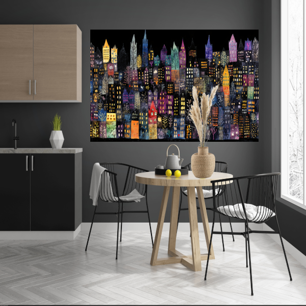 Kleurrijke Stad bij Nacht canvas met baklijst