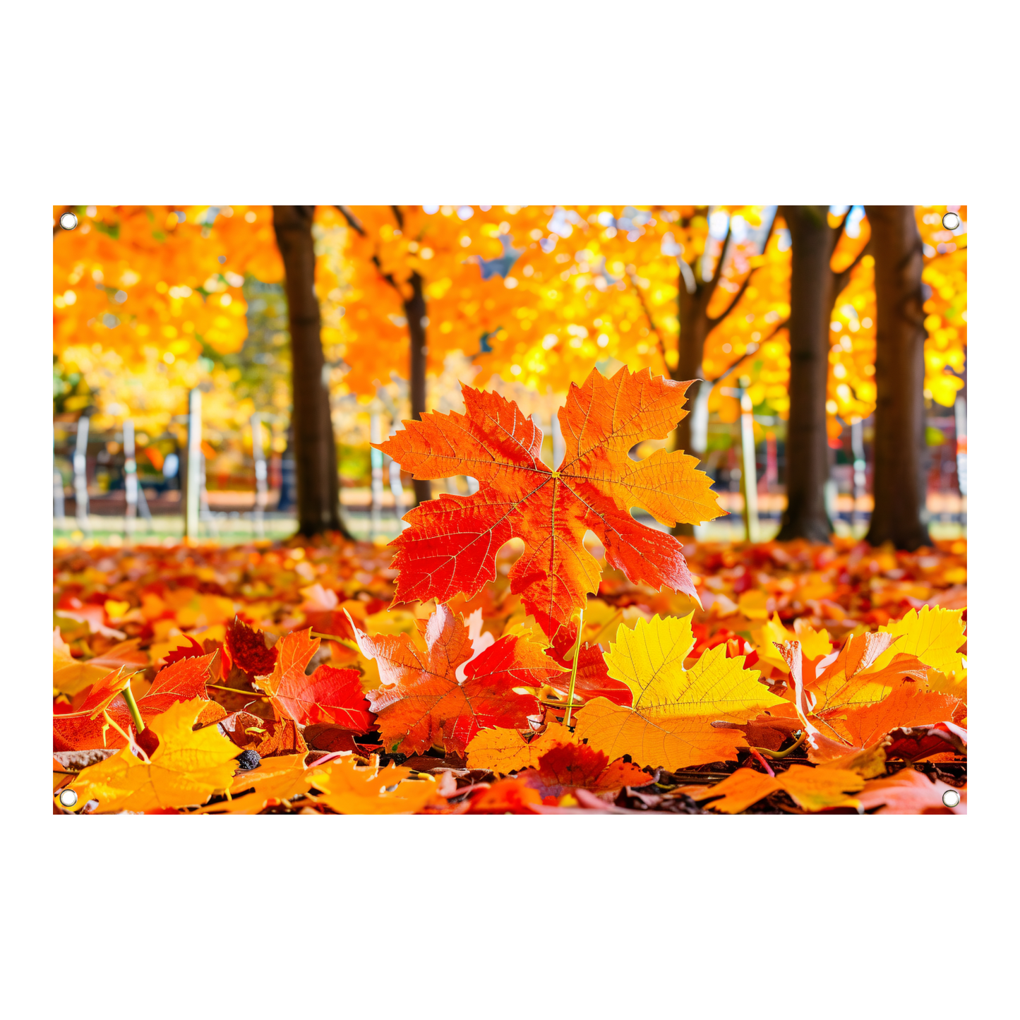 Herfstbladeren in zonovergoten park tuinposter