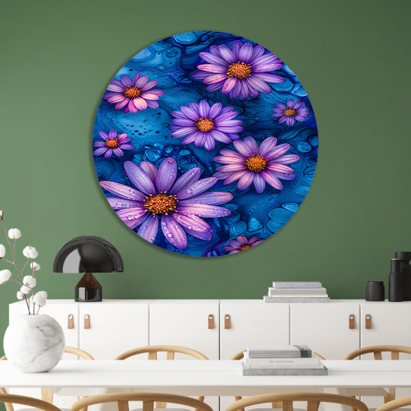 Paarse bloemen tegen blauwe achtergrond forex muurcirkel