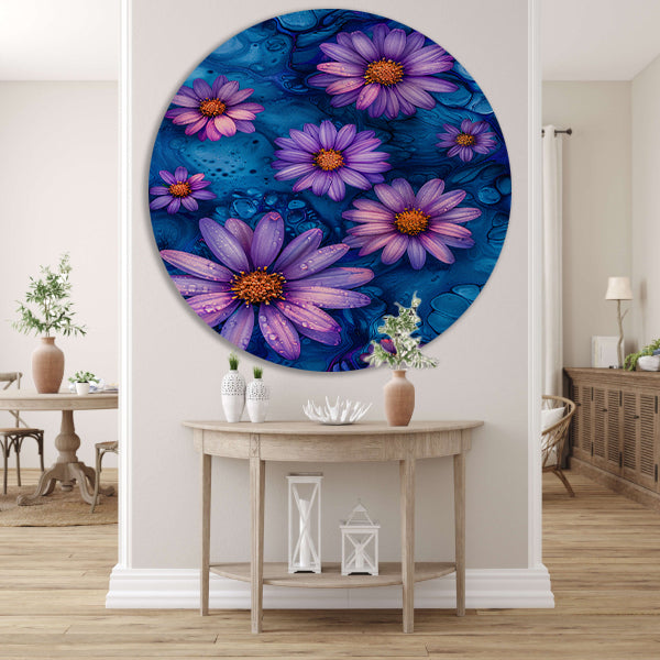Paarse bloemen tegen blauwe achtergrond forex muurcirkel