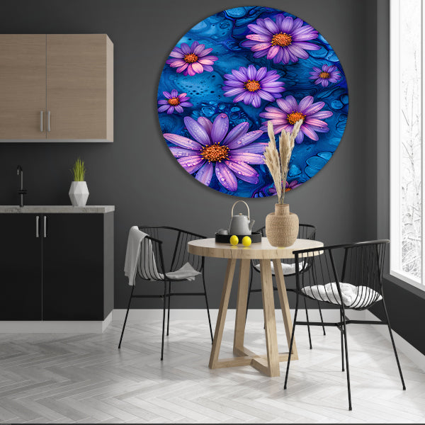 Paarse bloemen tegen blauwe achtergrond forex muurcirkel