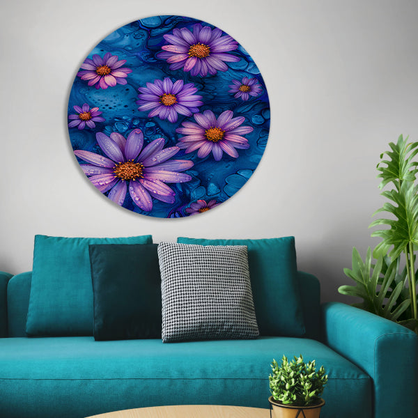 Paarse bloemen tegen blauwe achtergrond forex muurcirkel