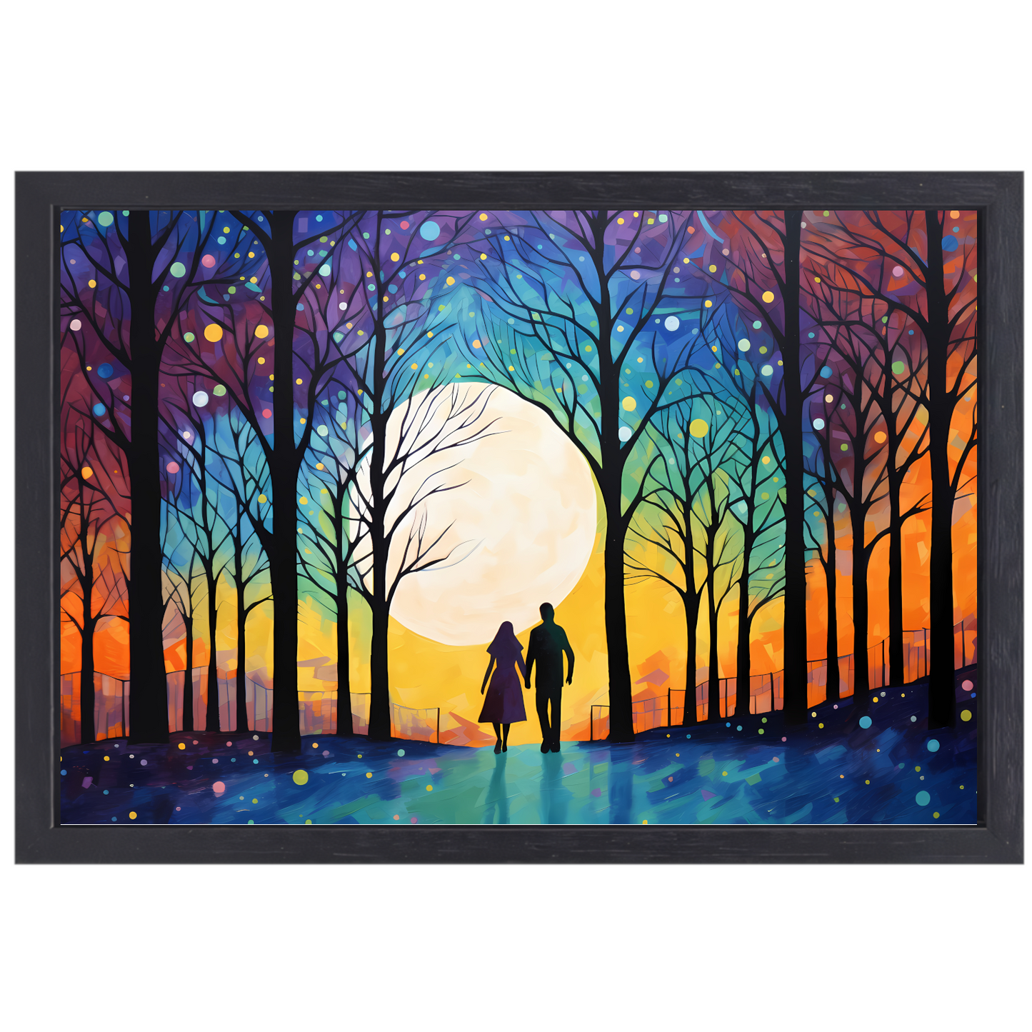 Romantische Avondwandeling Kleurrijk Bos canvas met baklijst