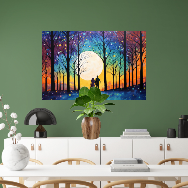 Romantische Avondwandeling Kleurrijk Bos canvas met baklijst