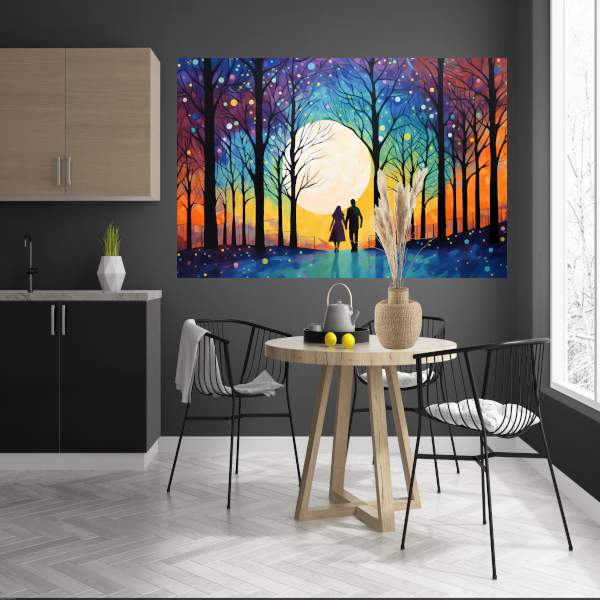 Romantische Avondwandeling Kleurrijk Bos canvas met baklijst