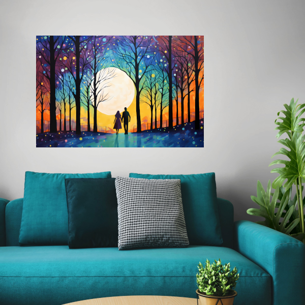 Romantische Avondwandeling Kleurrijk Bos canvas met baklijst