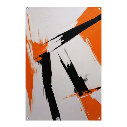 Dynamische abstractie in zwart, wit en oranje tuinposter