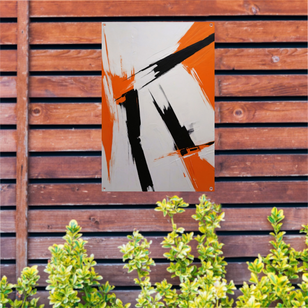 Dynamische abstractie in zwart, wit en oranje tuinposter