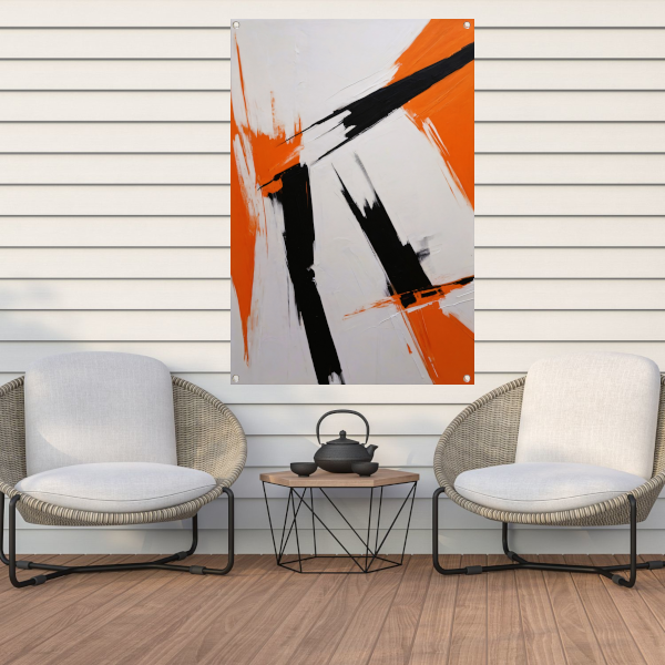 Dynamische abstractie in zwart, wit en oranje tuinposter