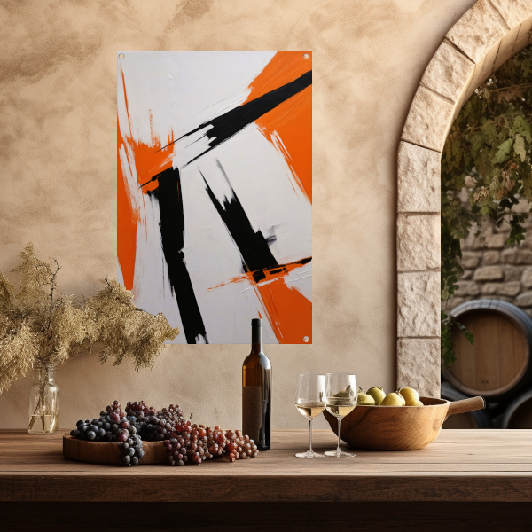 Dynamische abstractie in zwart, wit en oranje tuinposter