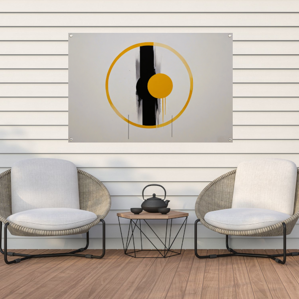 Geel-Zwarte Abstractie met Dynamische Cirkels tuinposter