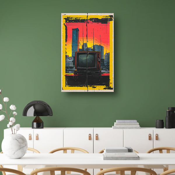 Retro TV en Modern stadsgezicht canvas met baklijst