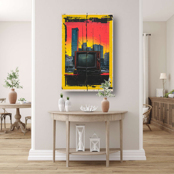Retro TV en Modern stadsgezicht canvas met baklijst