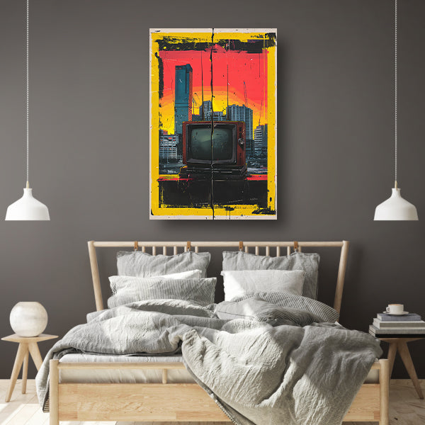 Retro TV en Modern stadsgezicht canvas met baklijst