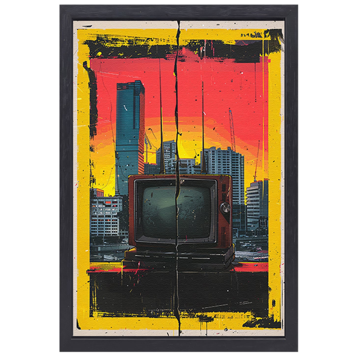 Retro TV en Modern stadsgezicht canvas met baklijst
