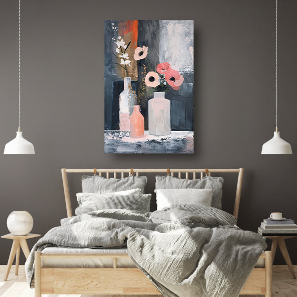 Moderne abstracte bloemen in vazen schilderij poster