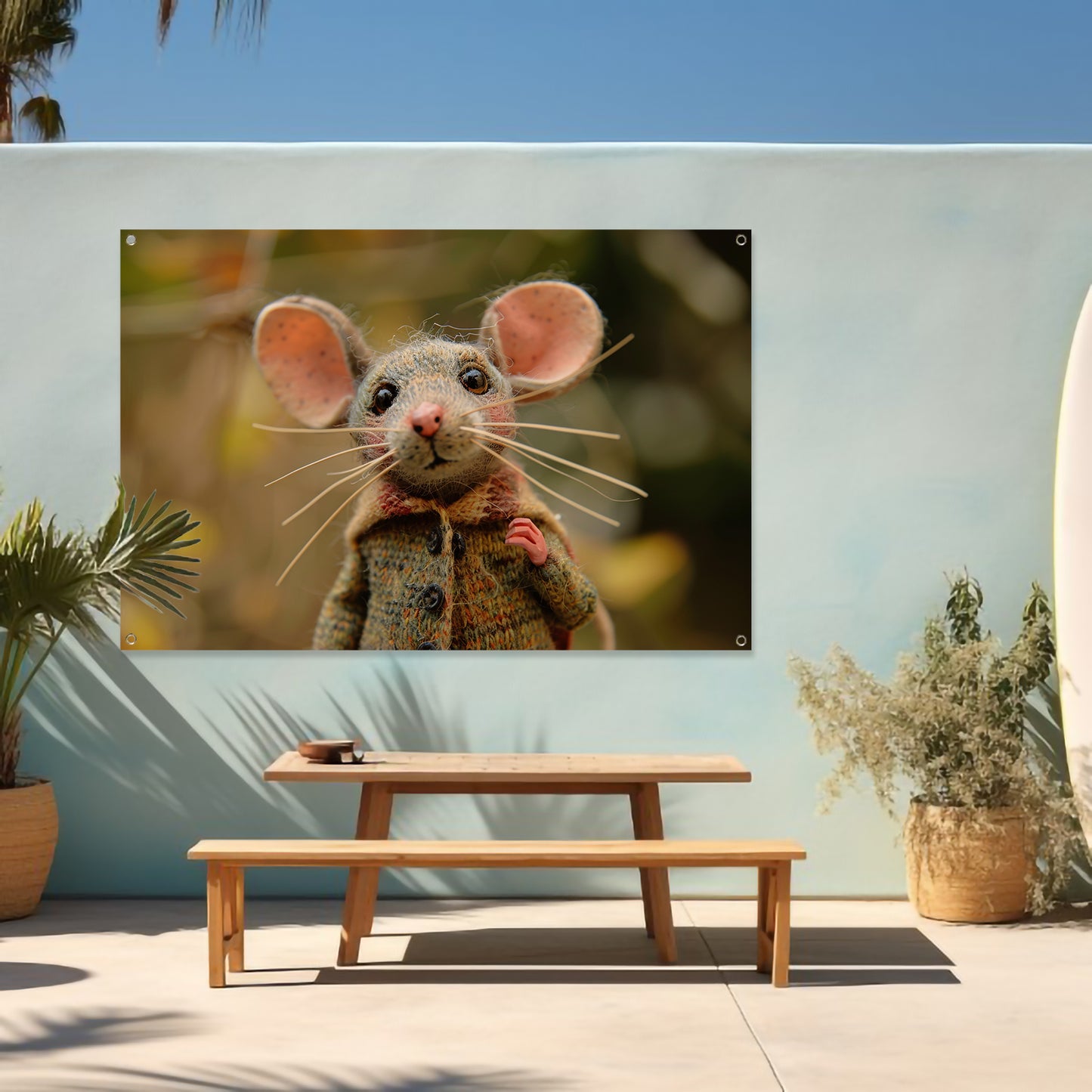 Gedetailleerde muis met kleren in bos tuinposter