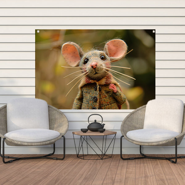 Gedetailleerde muis met kleren in bos tuinposter
