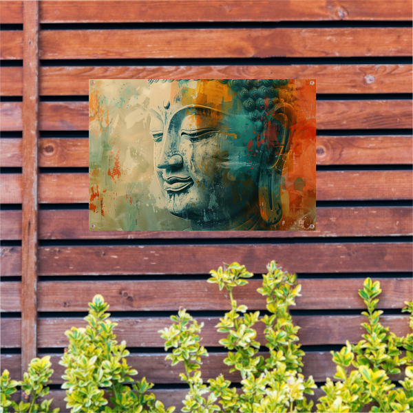 Mystieke abstracte Boeddha in levendige kleuren tuinposter