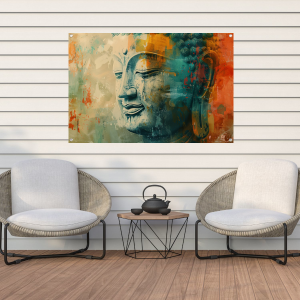 Mystieke abstracte Boeddha in levendige kleuren tuinposter