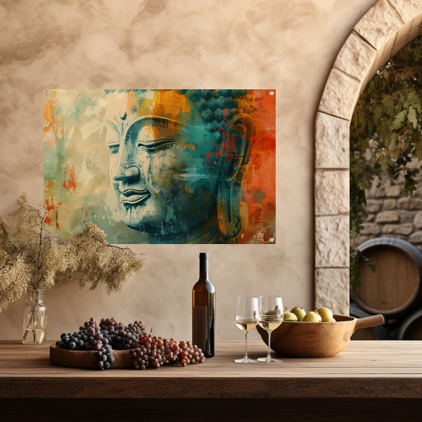 Mystieke abstracte Boeddha in levendige kleuren tuinposter