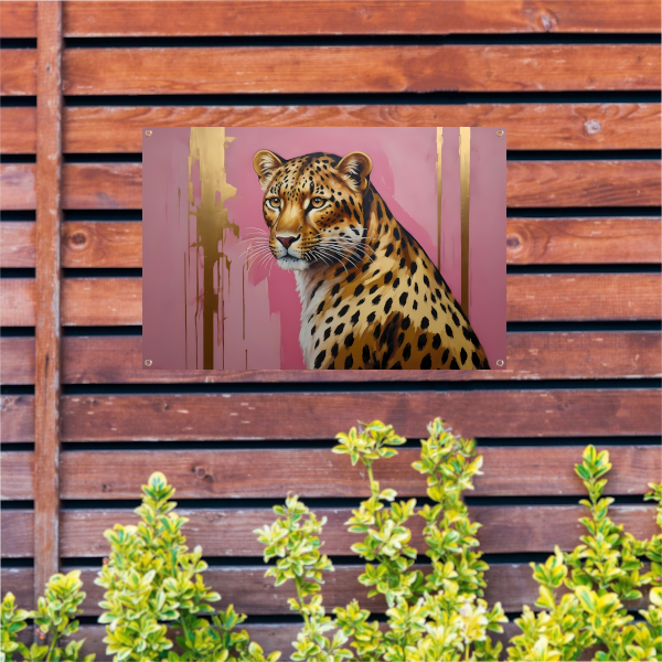 Elegant Goud Luipaard tegen Roze tuinposter