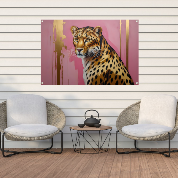Elegant Goud Luipaard tegen Roze tuinposter