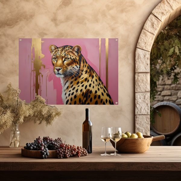 Elegant Goud Luipaard tegen Roze tuinposter