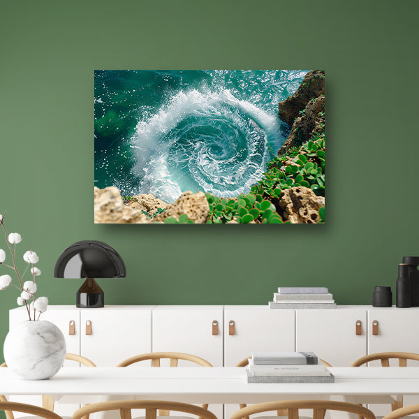 Abstracte waterwerveling bij rotsachtige kust canvas