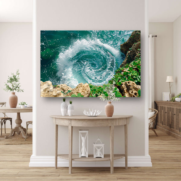 Abstracte waterwerveling bij rotsachtige kust canvas