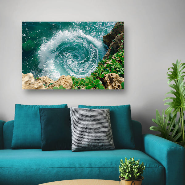 Abstracte waterwerveling bij rotsachtige kust canvas