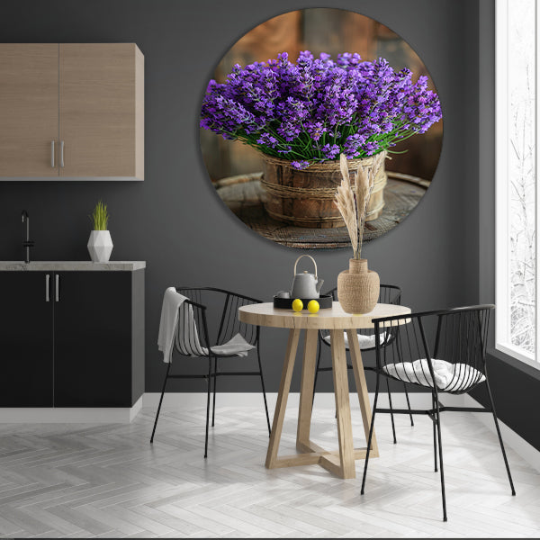 Stilleven van Lavendelboeket in Houten Vaas aluminium muurcirkel