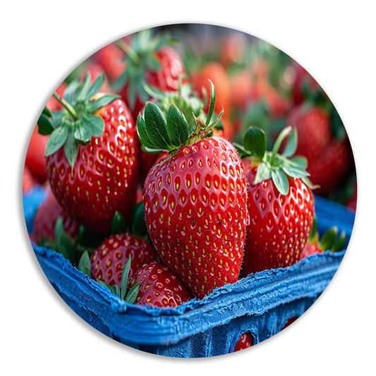 Blauwe schaal met aardbeien aluminium muurcirkel