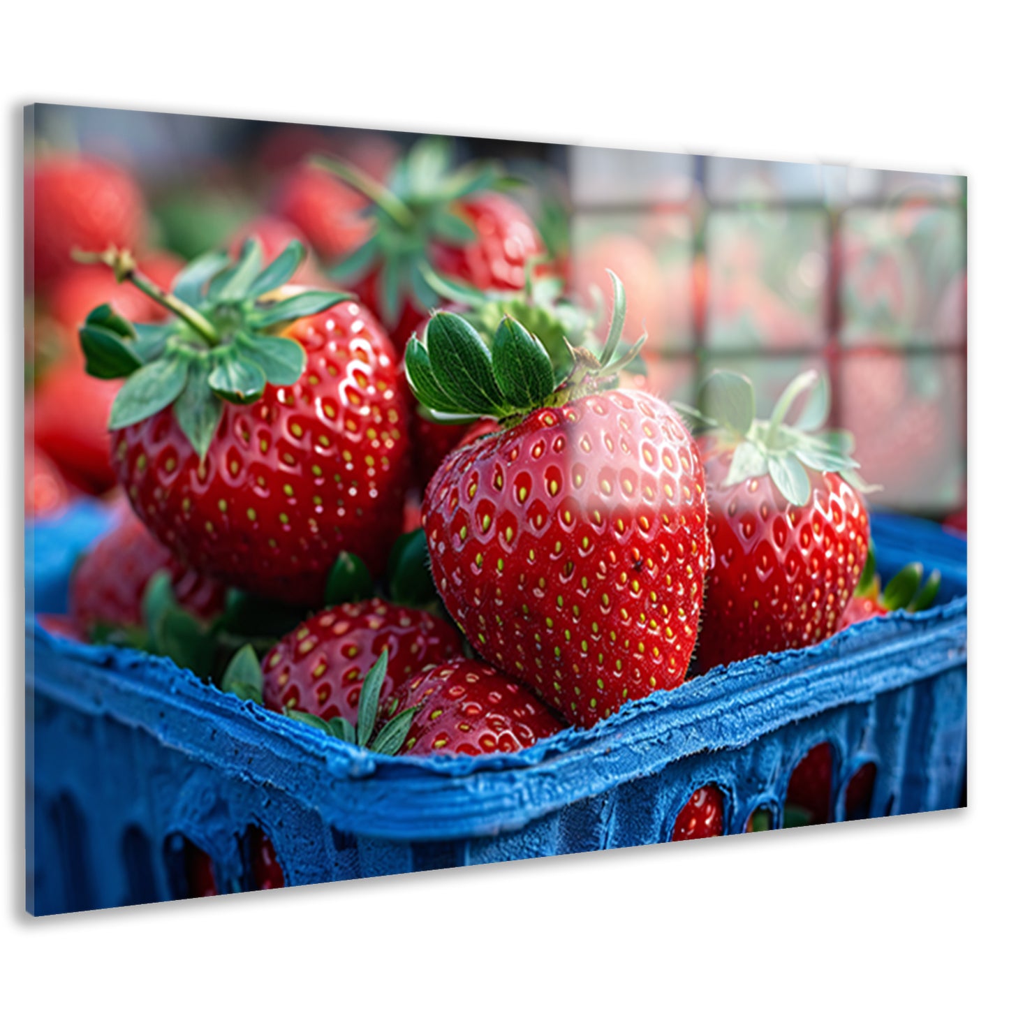 Blauwe schaal met aardbeien acrylglas