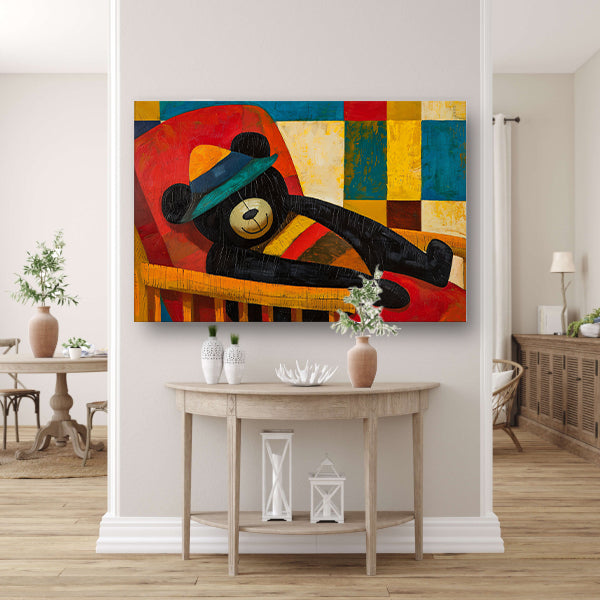 Vrolijke beer in kubistisch kleurenpalet canvas