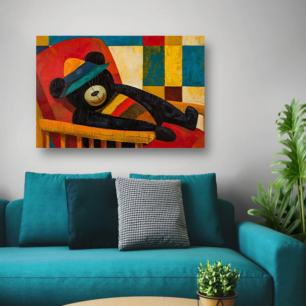 Vrolijke beer in kubistisch kleurenpalet canvas