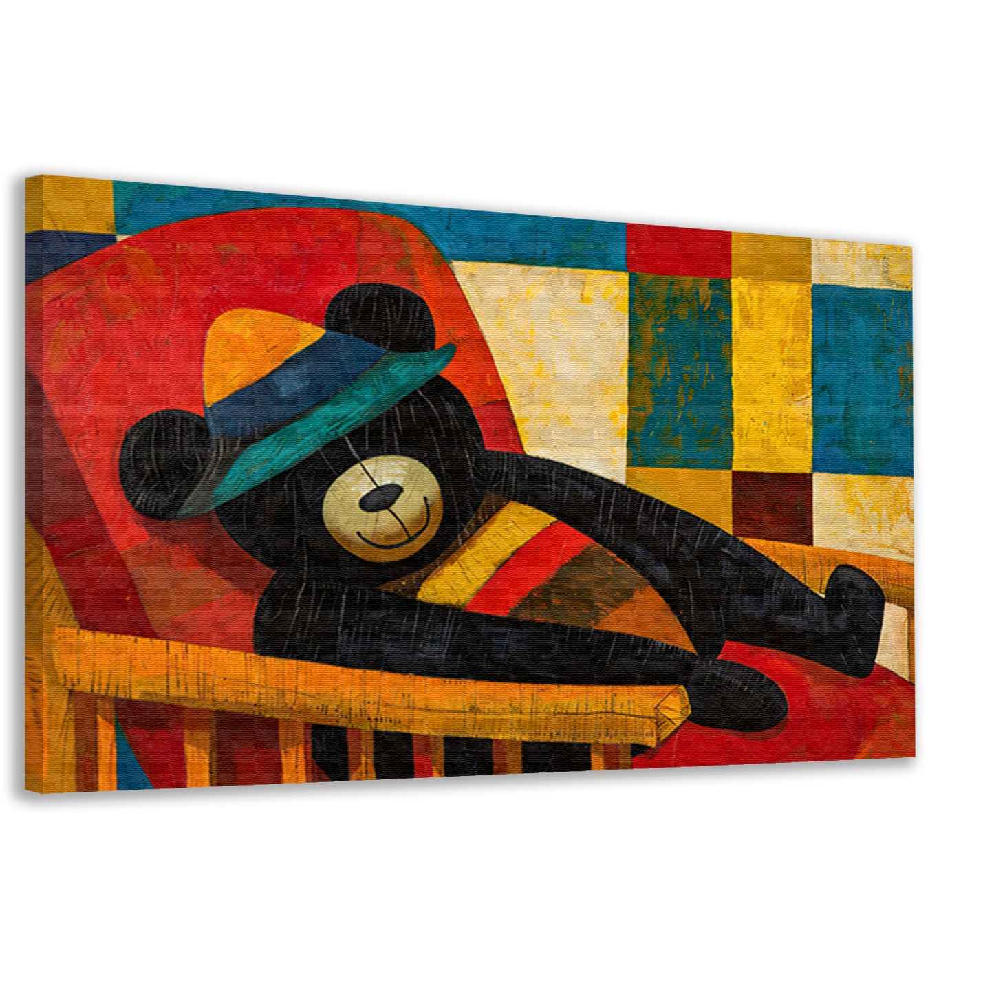 Vrolijke beer in kubistisch kleurenpalet canvas