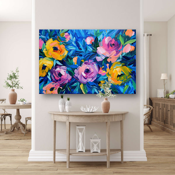 Kleurrijke Abstracte Impressie van Bloemen in Kunst canvas met baklijst