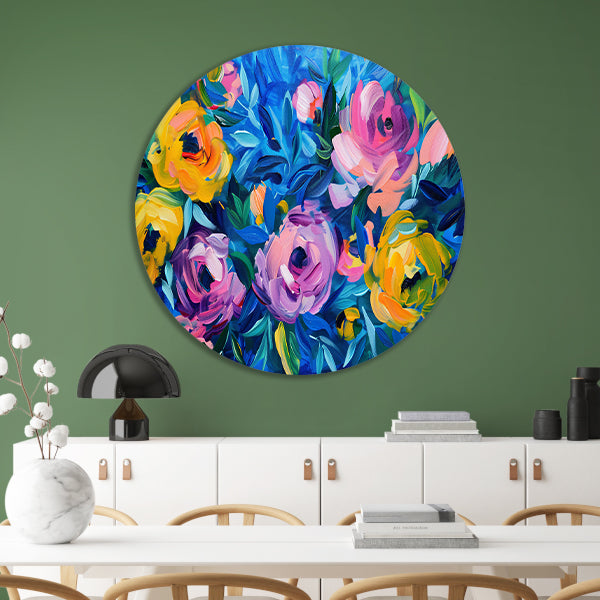 Kleurrijke Abstracte Impressie van Bloemen in Kunst forex muurcirkel